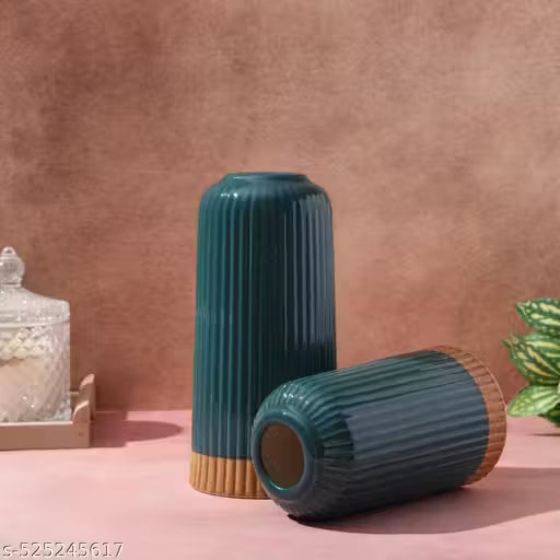 Green Elegance Ribbed Ceramic Vase Set of 3