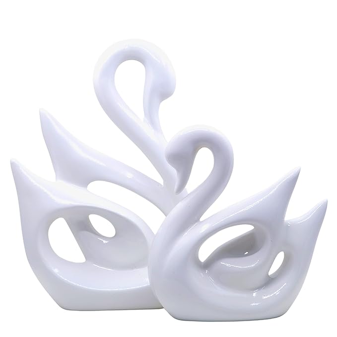Ceramic Set of 2 Swan White & Black Figurine