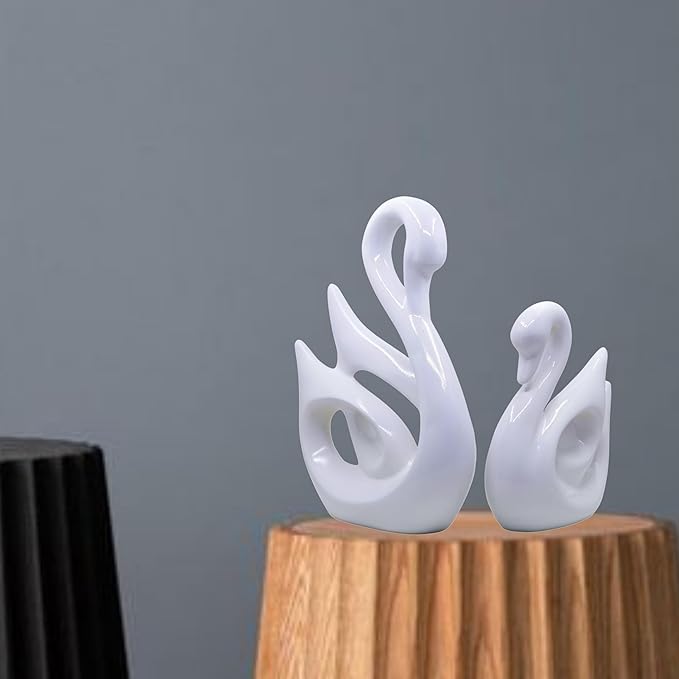 Ceramic Set of 2 Swan White & Black Figurine