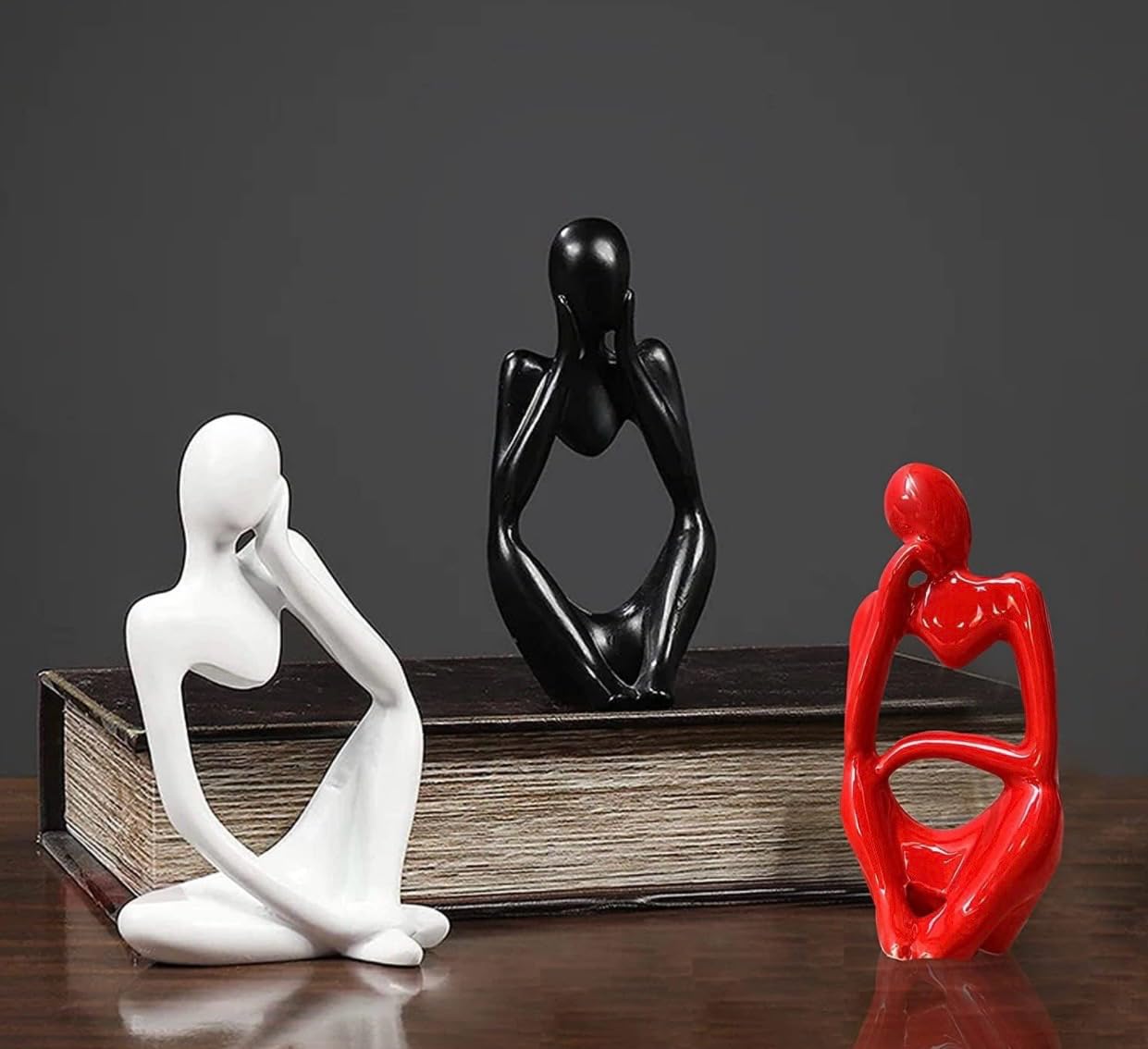 Ceramic Black white red Thinker Set of 3 Figurine